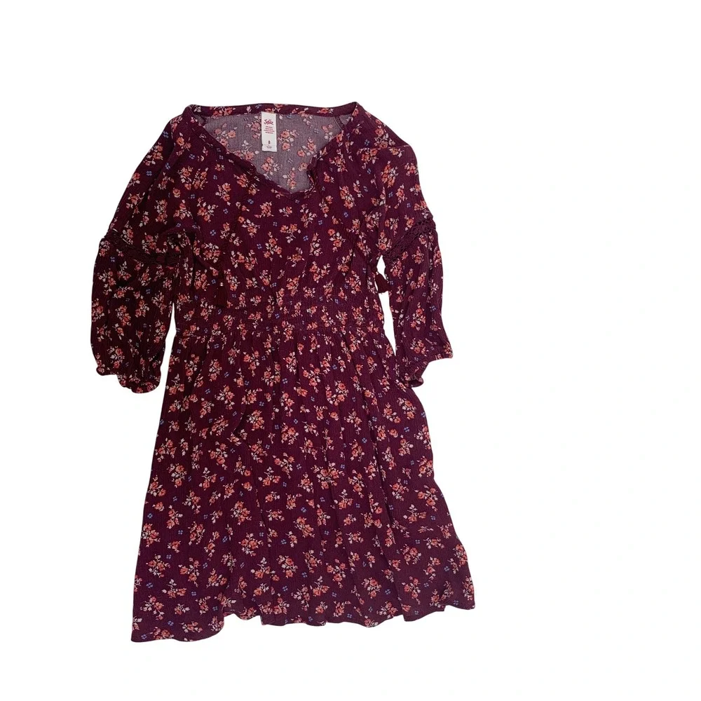Justice Girls Floral Smocked Waist Boho Dress Burgundy Crochet Sleeve Size 8